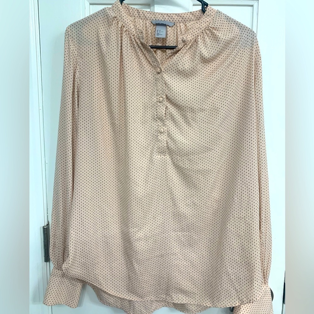 H&M Lightweight Pale Pink With Tiny Black Polka-Dots Long Sleeve Blouse Size 8